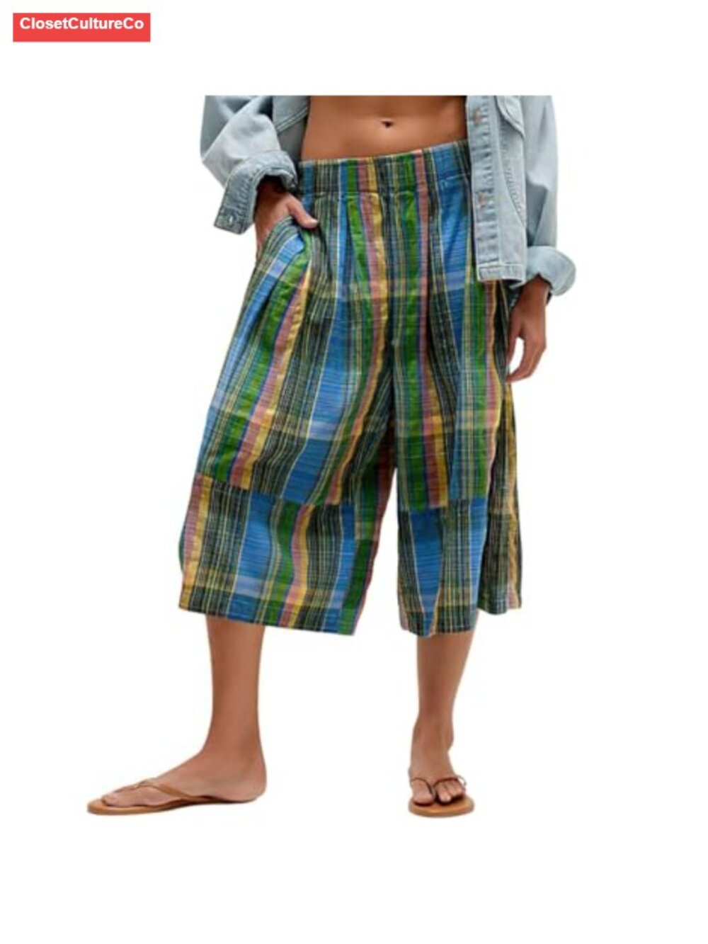Retro Plaid Wide Leg Cropped Pants Y2K Baggy Culottes Capri Palazzo with Pockets